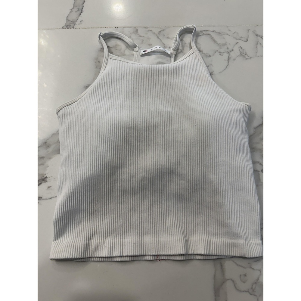 LASLULU Tank Top Womens Medium White Ribbed High Neck Cropped Built In Bra Yoga